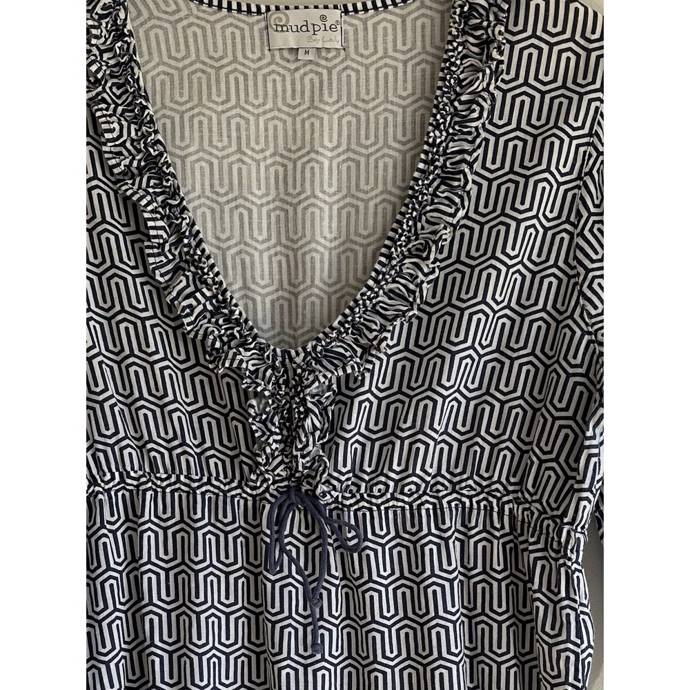 Mud Pie Tunic 100% Cotton Dress Coverup Blue Geometric,Ruffle V Neck Size Medium
